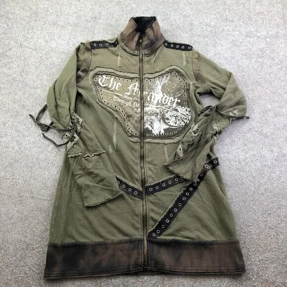 Salvage Jacket Womens Medium Green Biker Full Zip Studded Graphic Grunge Goth - Picture 1 of 10